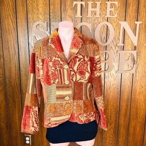 ELCC Patchwork Chenille Blazer Women PL Orange Boho Velvet Jacket Hippie 80s VTG